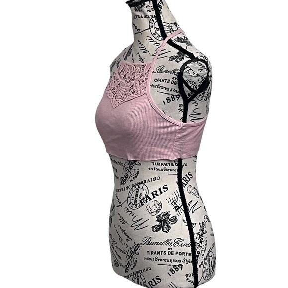 Aeropostale Pink Ribbed Lace Halter Crop Top XS Y2K Bralette Coquette Festival - Picture 3 of 9